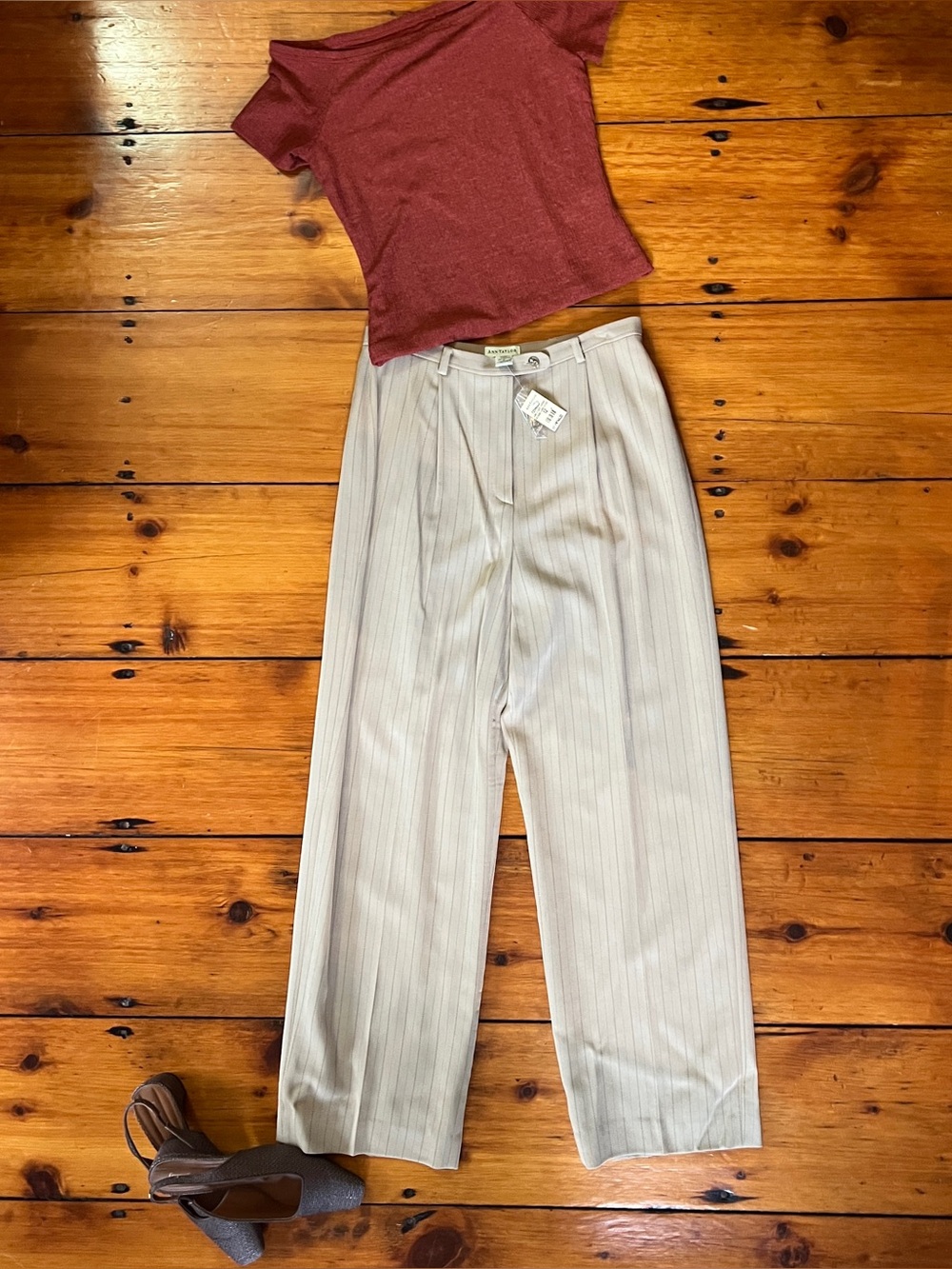 VTG 90s Ann Taylor Wool Beige Brown Pinstripe Trousers High Waisted Pants 12